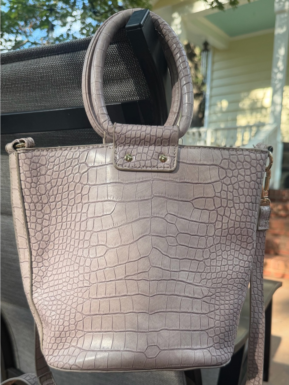 Kaari Blue Metallic Dusty Mauve Croc Embossed Tote Satchel Crossbody